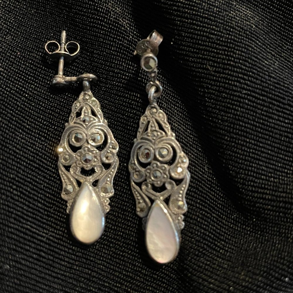 Marcasite and mother of pearl drop earrings